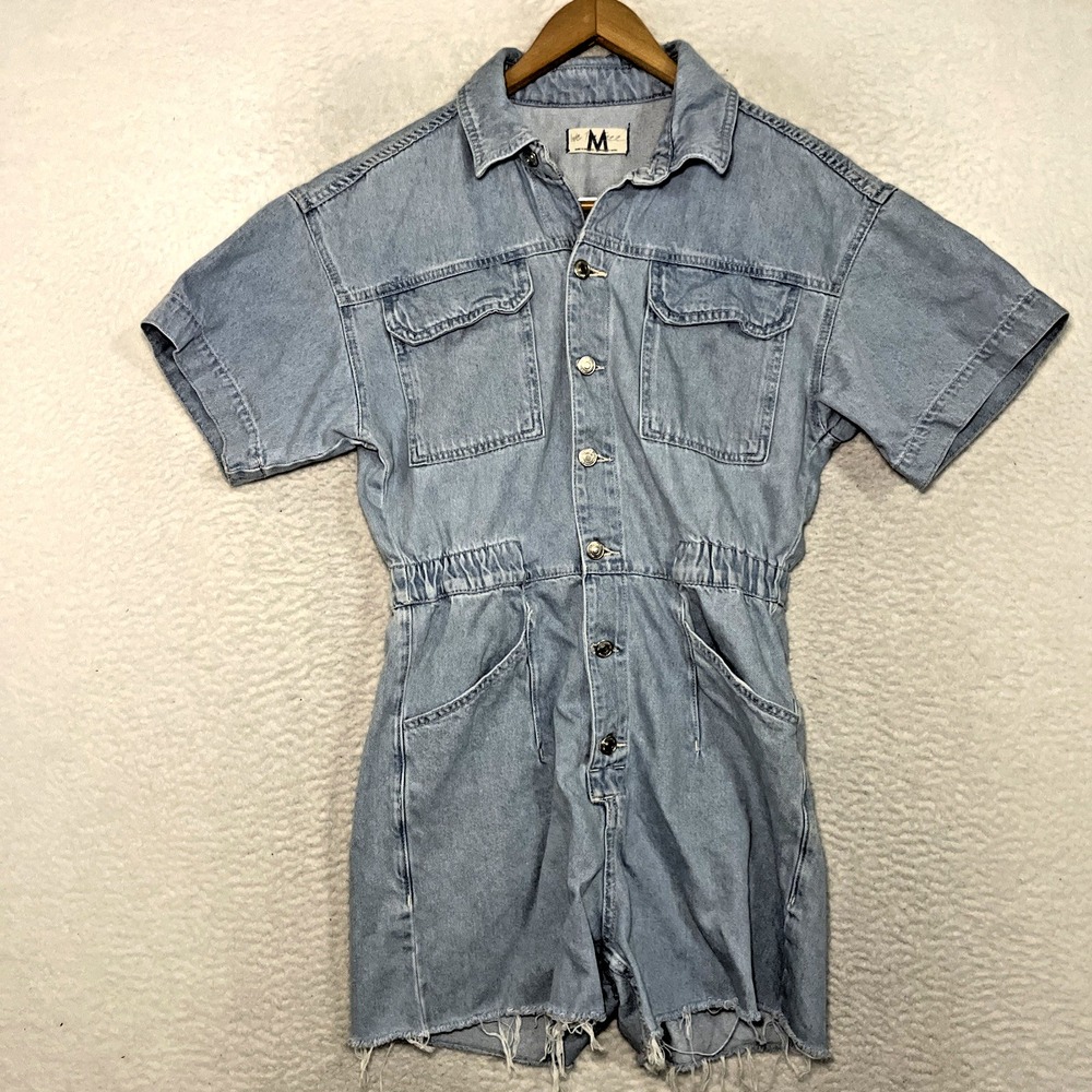 We The Free Light Wash Denim Short Sleeve Romper